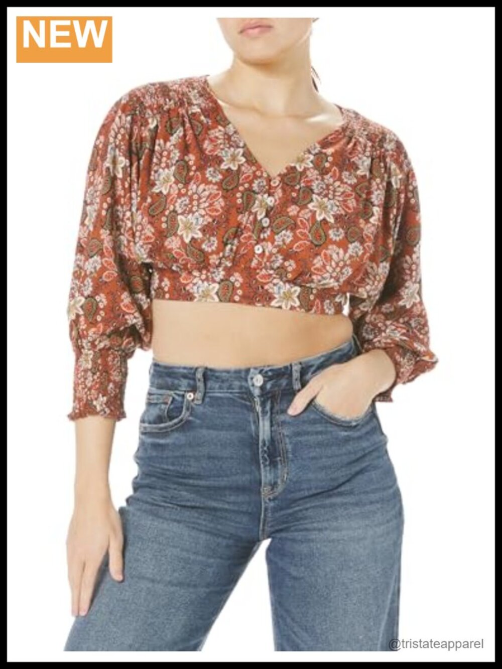 Long Sleeve Crop Top Buttons Floral Print V-Neck Cuffed Sleeves Rayon